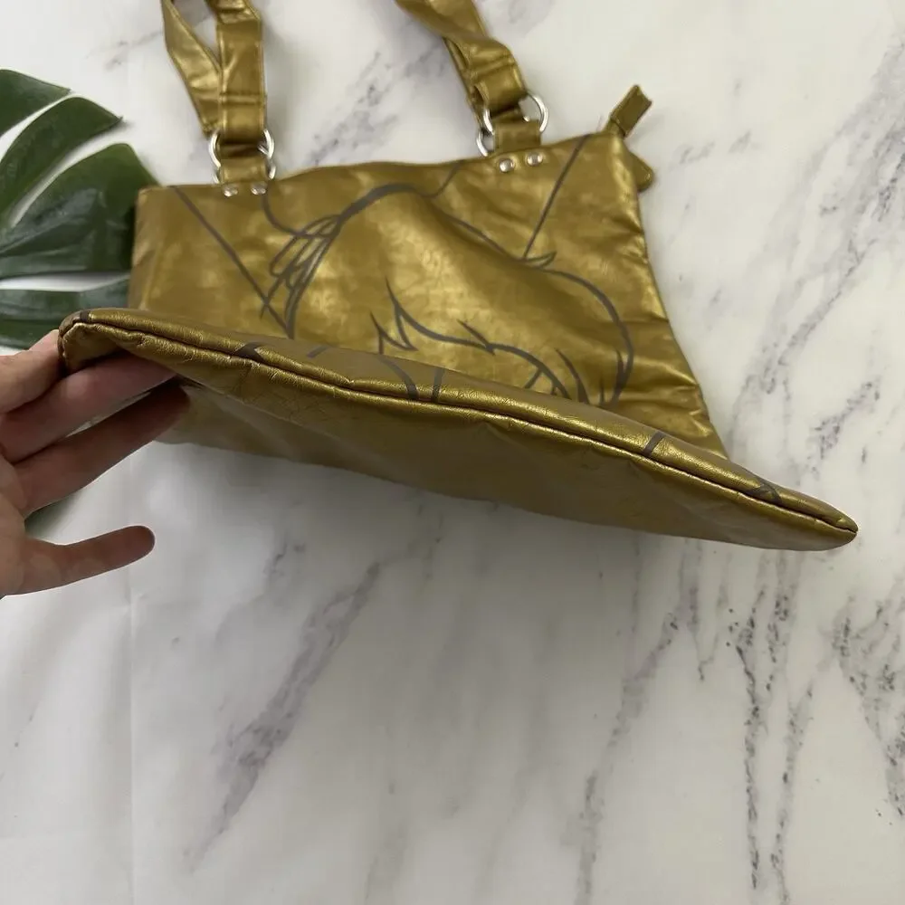 Disney Vintage Y2k Tinkerbell Tote Bag Purse Gold Faux Leather Metallic